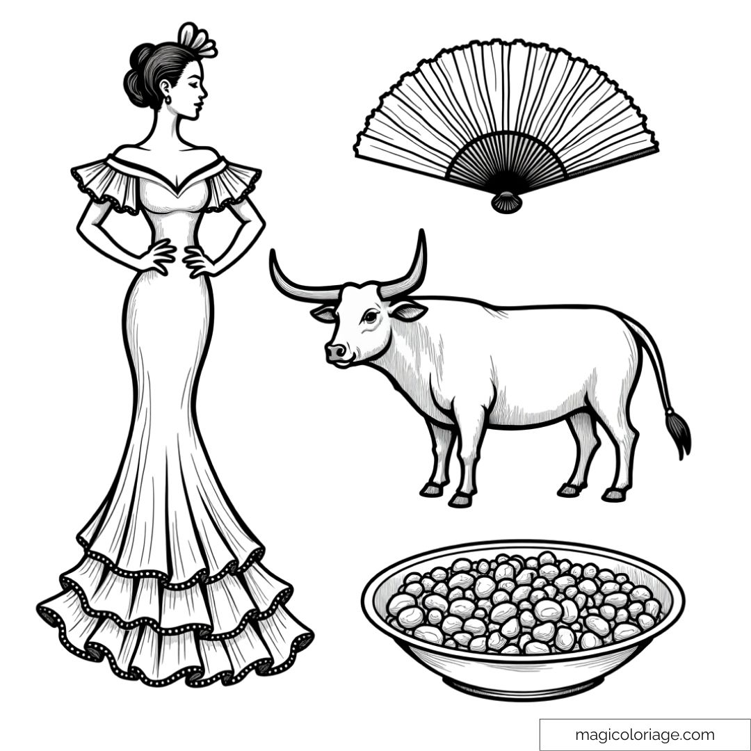 Dessin à colorier des icônes espagnoles : danseuse de flamenco, taureau, éventail et bol de tapas.
