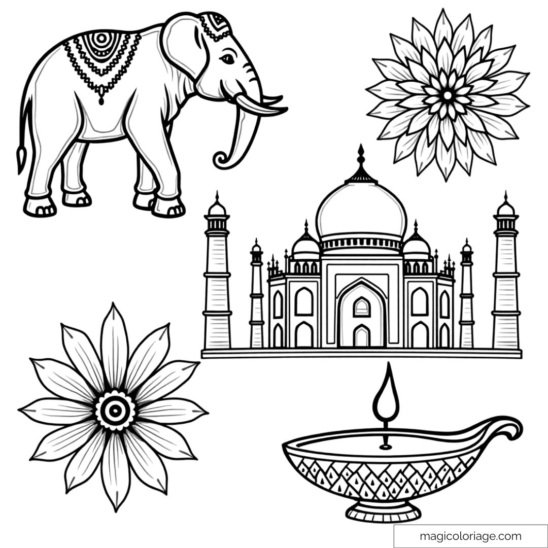 Dessin à colorier de l’Inde avec un éléphant décoré, le Taj Mahal, des fleurs et une lampe traditionnelle de Diwali.