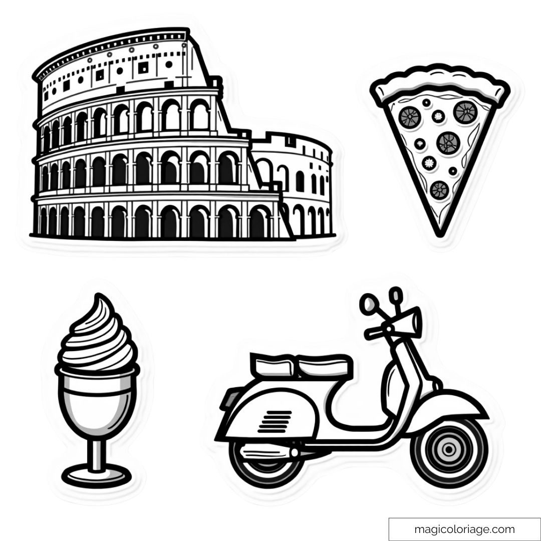 Dessin à colorier de l’Italie avec des symboles : Colisée, pizza, Vespa et glace italienne.
