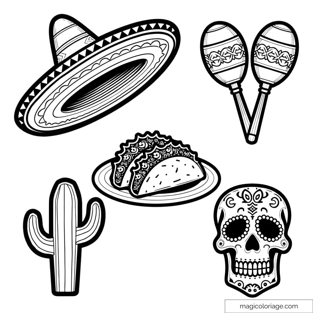 Dessin à colorier avec des éléments emblématiques du Mexique : sombrero, tacos, cactus, maracas et crâne de sucre.