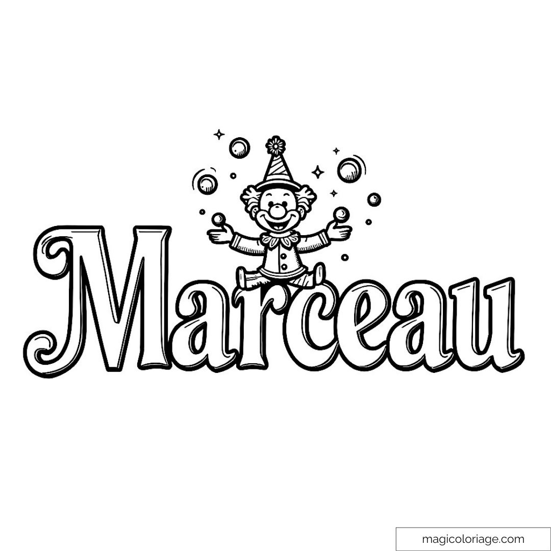 Clown jongleur et prénom Marceau à colorier