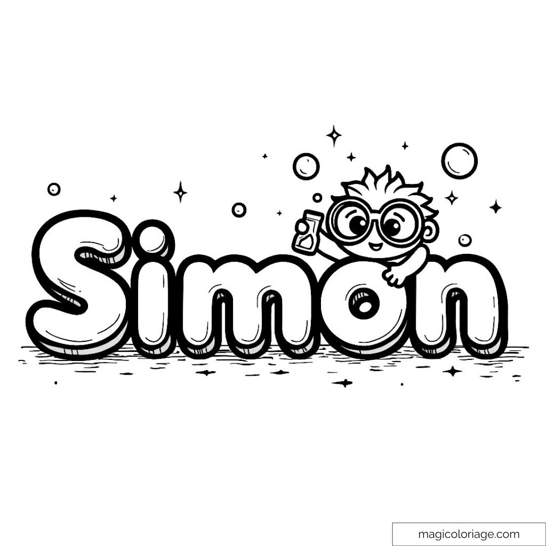 Image à colorier avec le prénom Simon et un personnage adorable.