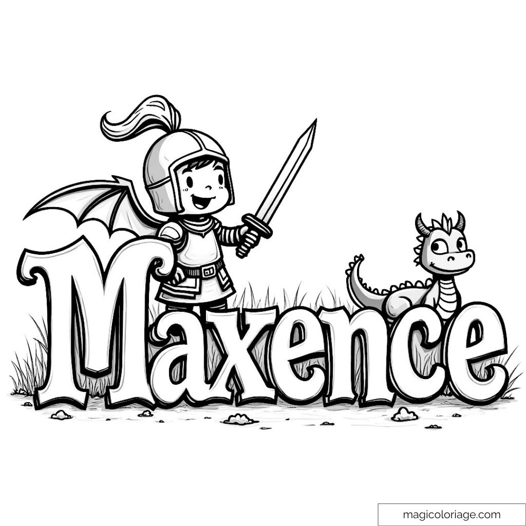 Chevalier Maxence et dragon adorable en noir et blanc pour coloriage