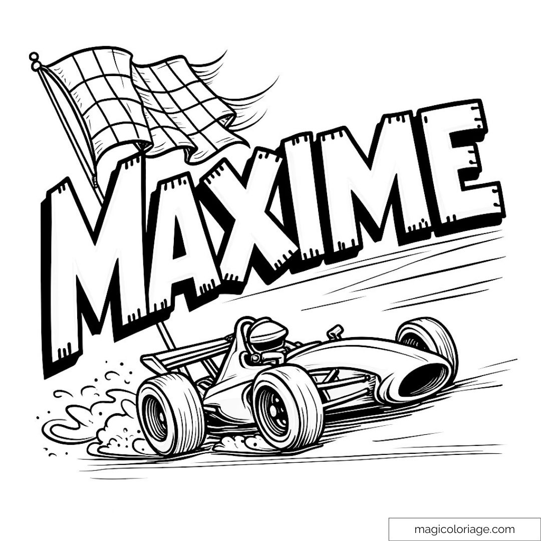 Voiture de course avec pilote et Maxime en grand texte