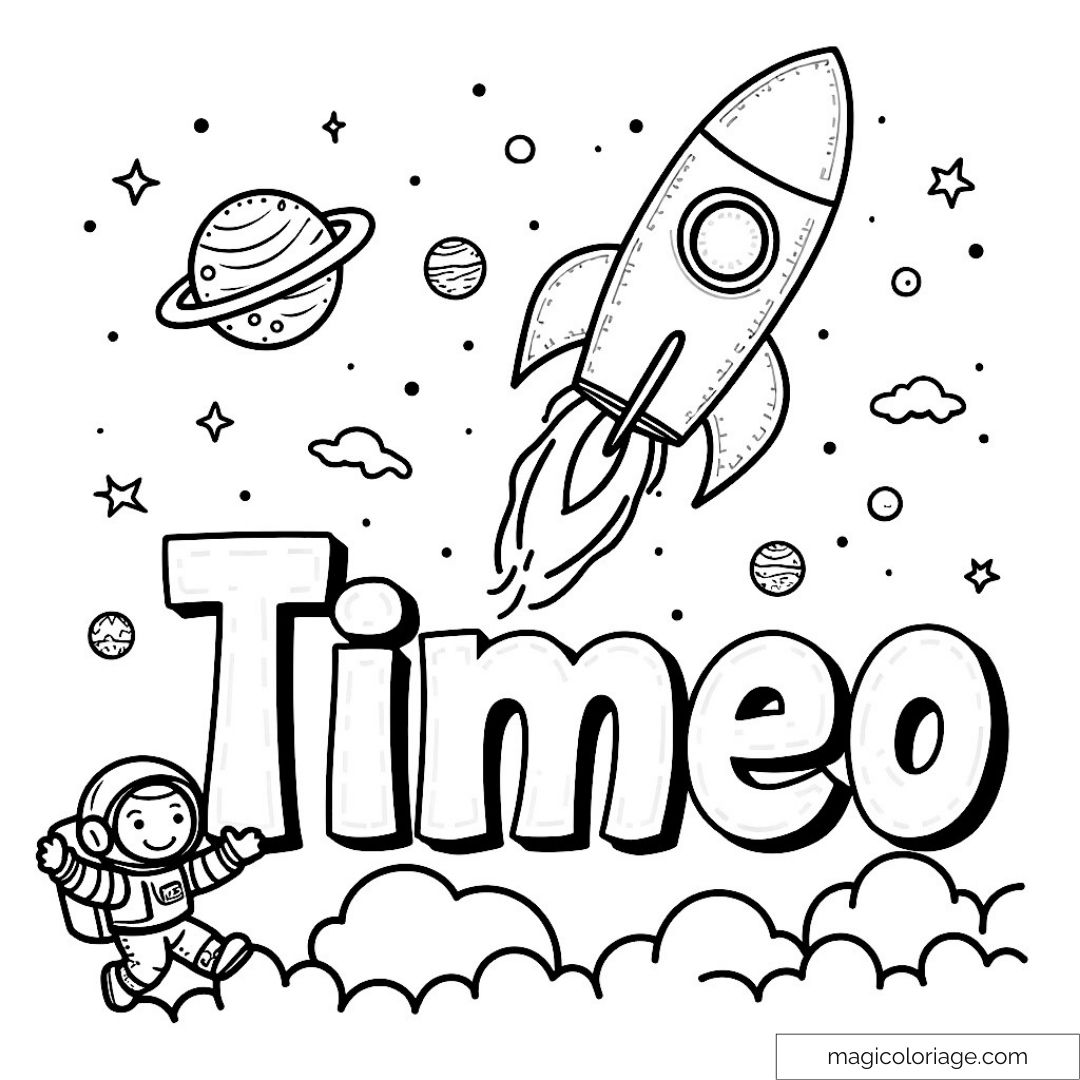 Fusée et astronaute avec prénom "Timeo" dans l'espace à colorier.
