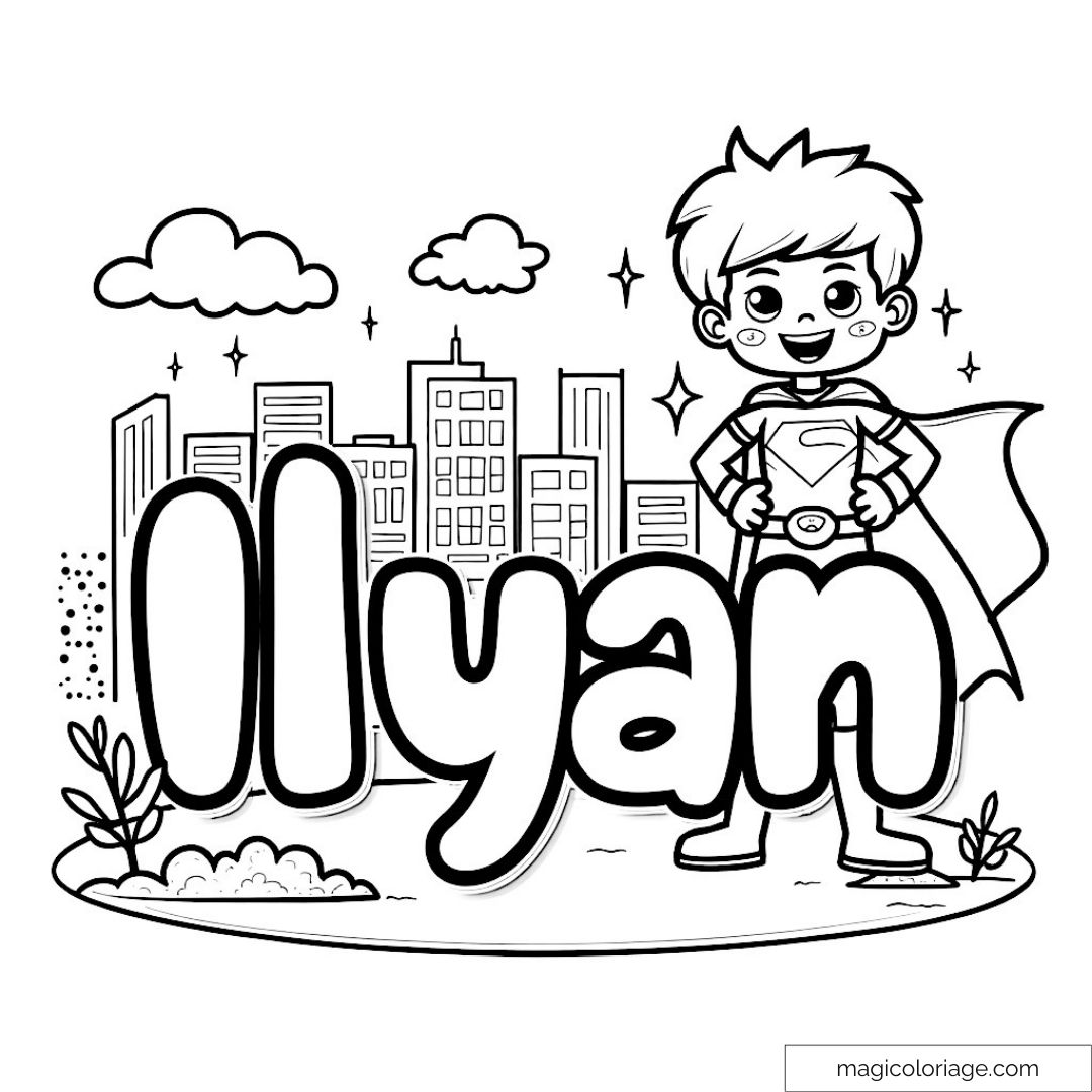 Super-héros Ilyan avec cape devant des immeubles.