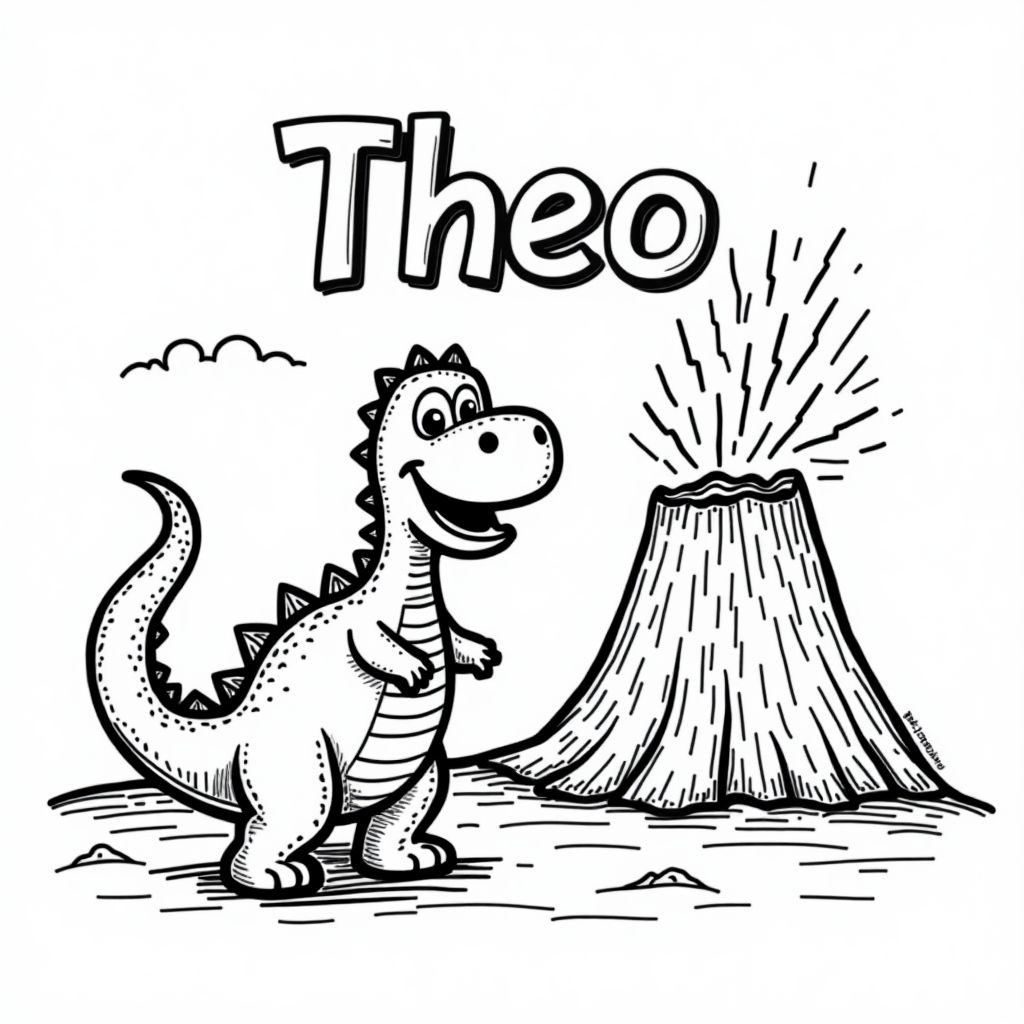 Coloriage Theo avec un dinosaure et un volcan