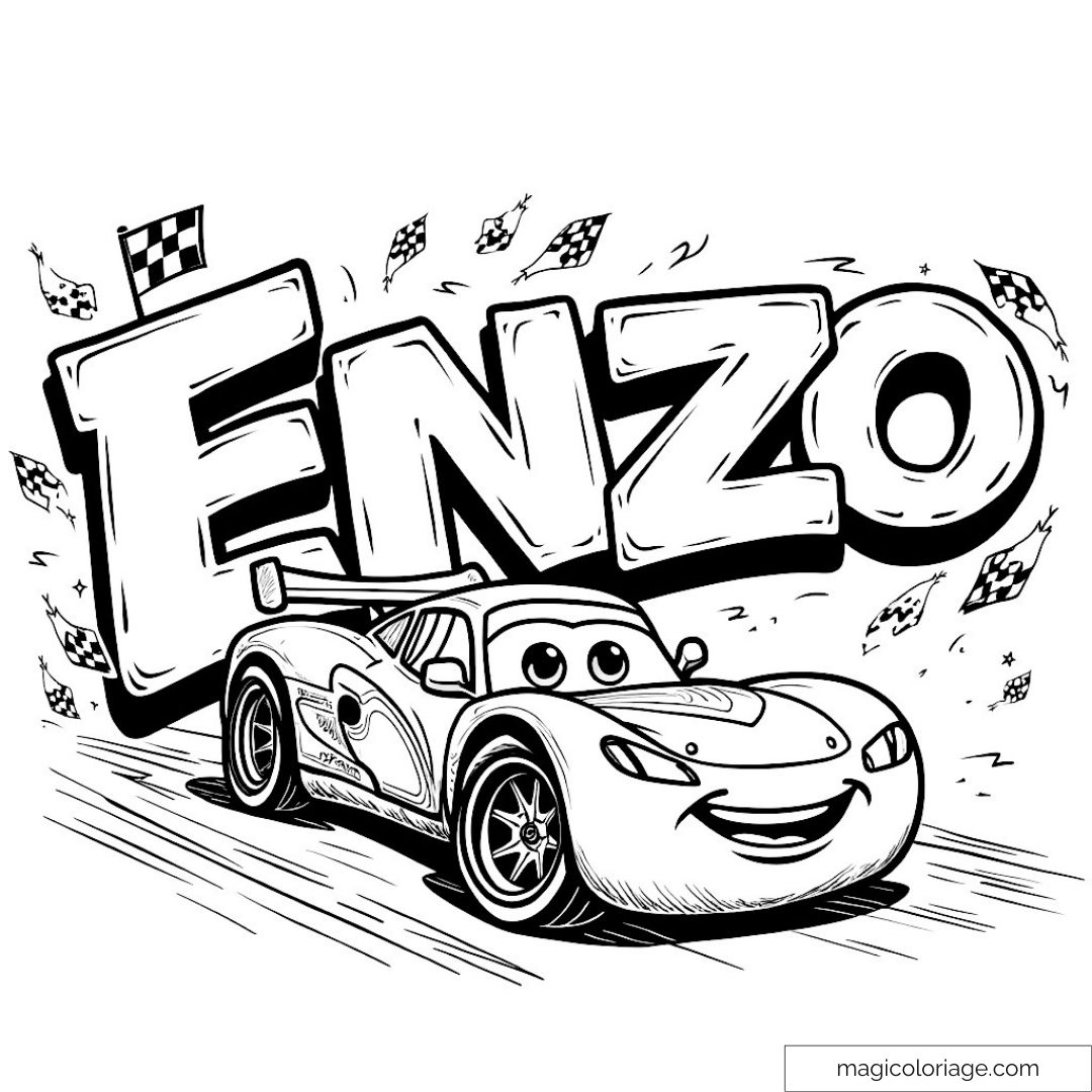 Dessin noir et blanc de voiture de course avec nom Enzo