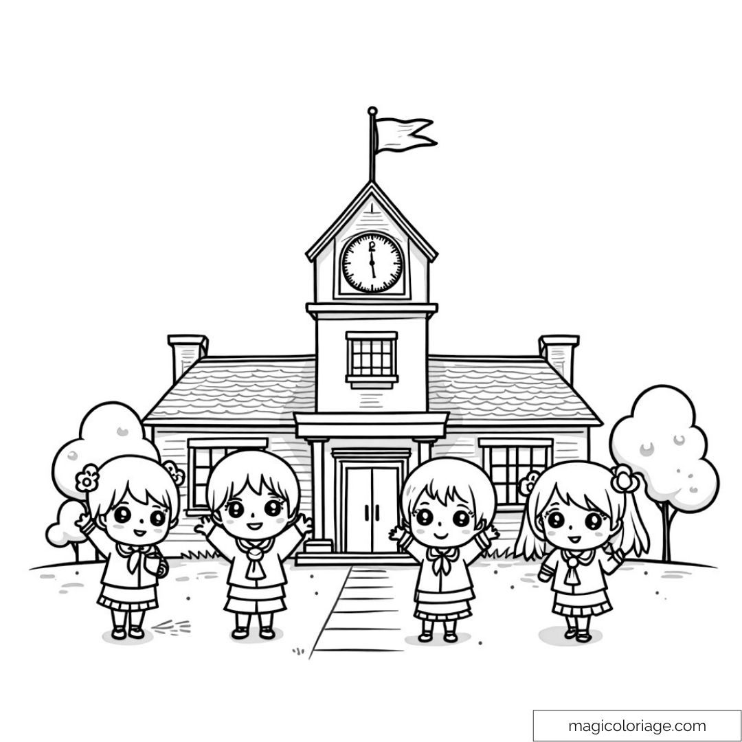 Enfants joyeux devant une école