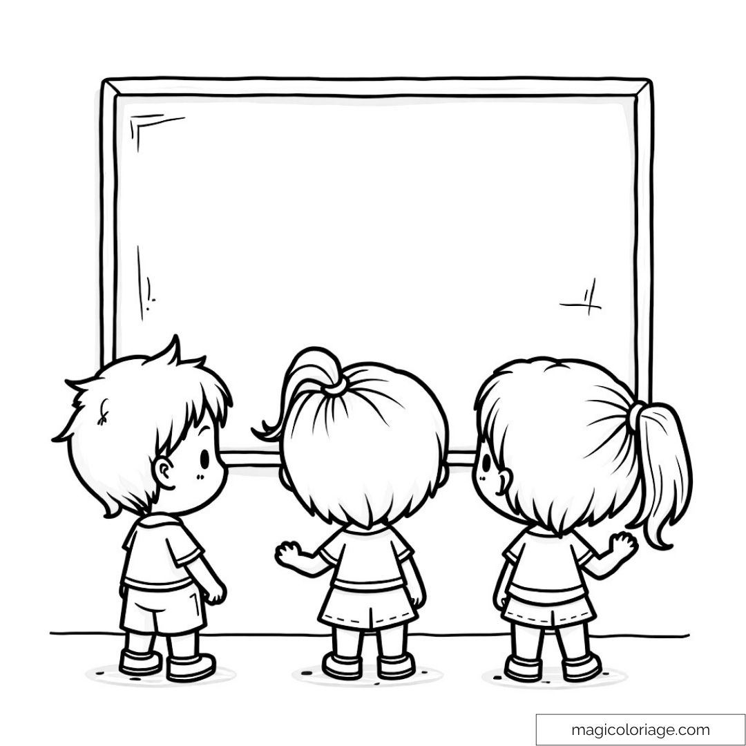Dessin d'enfants devant un tableau scolaire