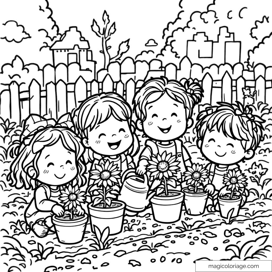 Enfants souriants arrosant des fleurs dans un jardin scolaire.