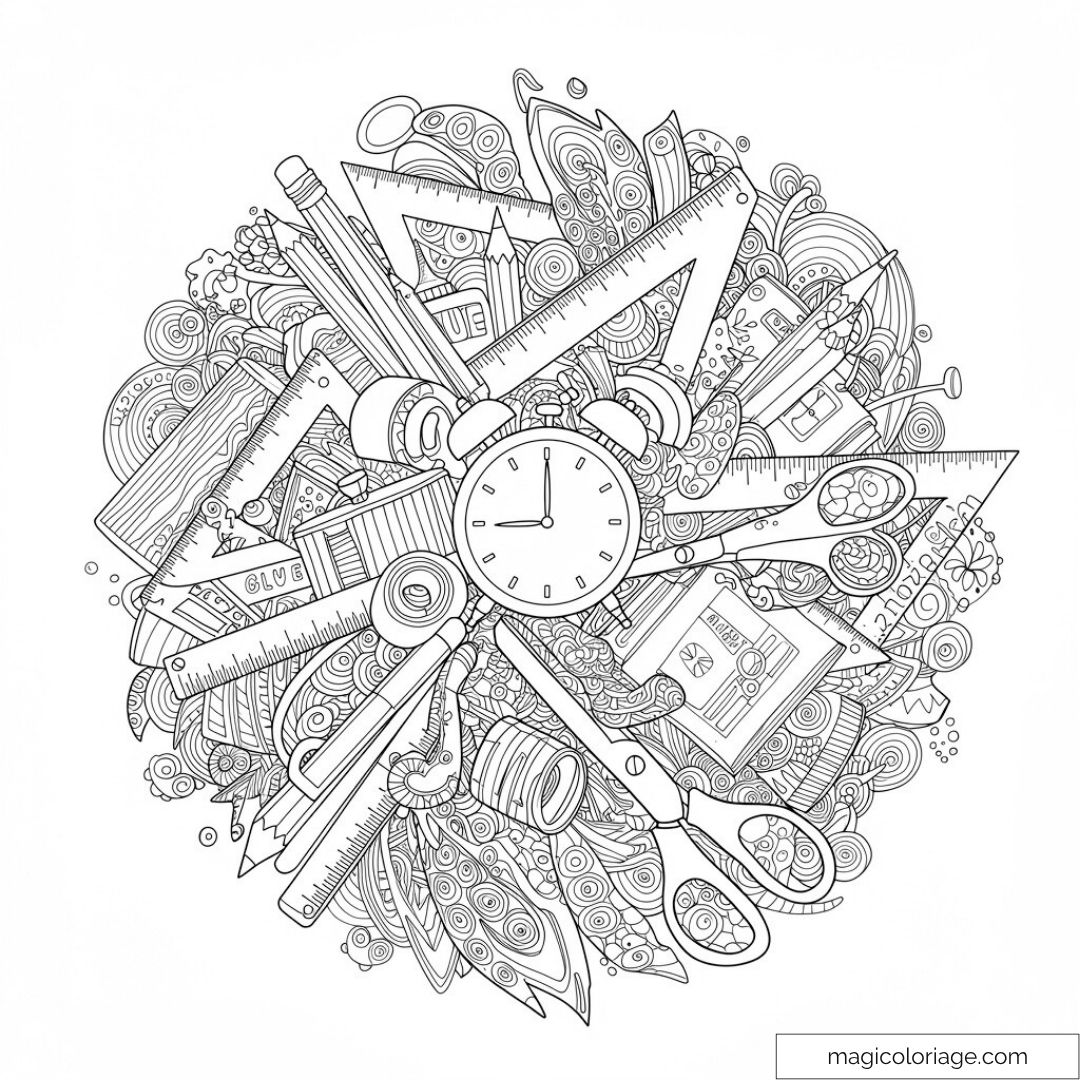 Illustration de fournitures scolaires à colorier