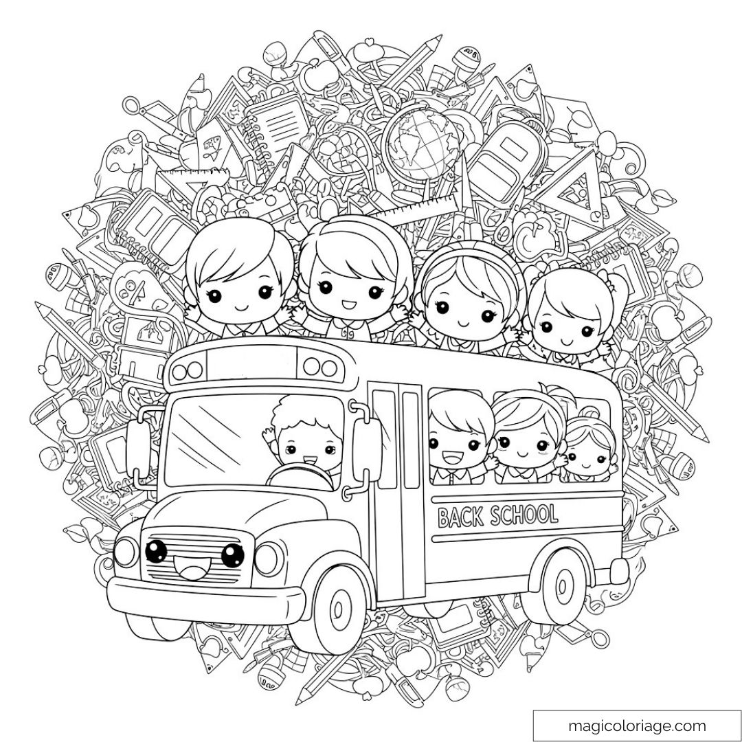 Enfants souriants dans un bus scolaire entourés de fournitures.