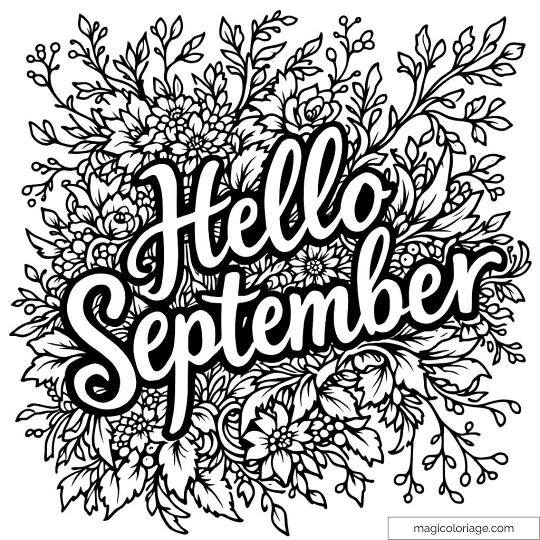 Image de "Hello September" entouré de fleurs pour coloriage