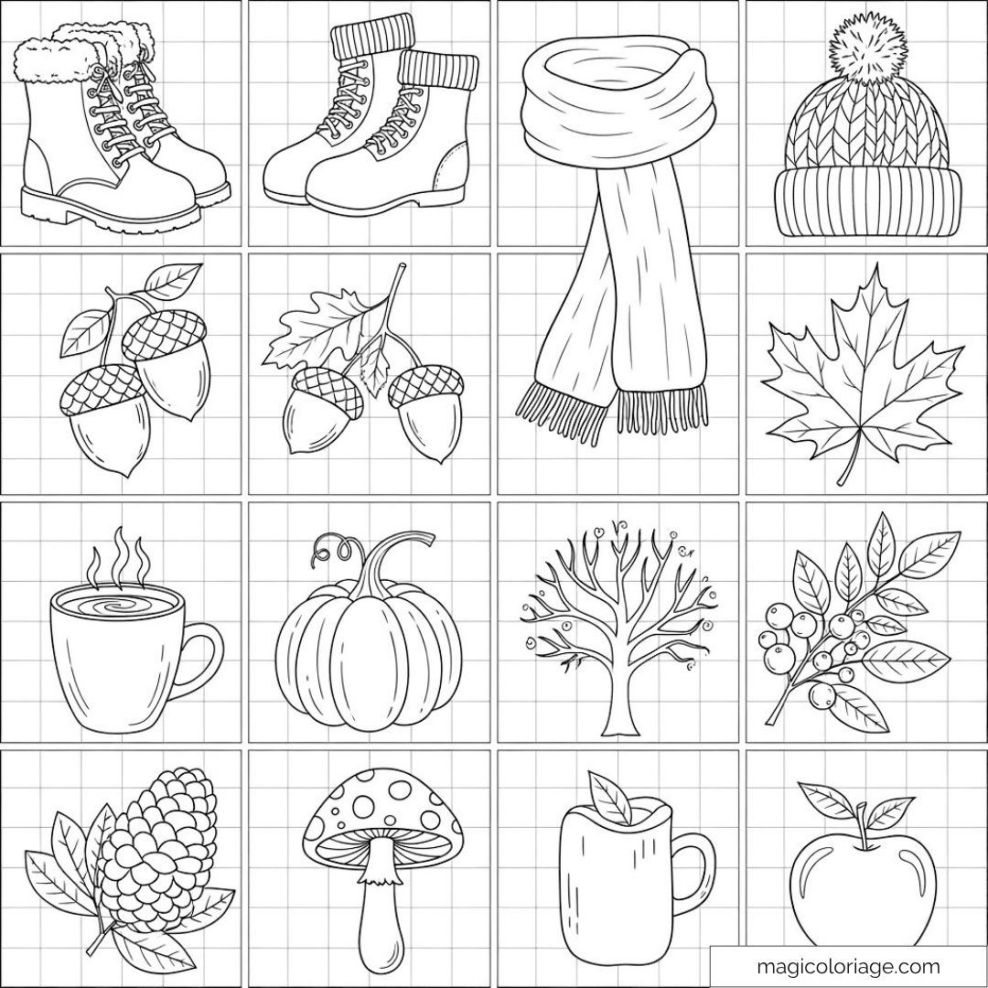 Dessin de divers objets et éléments d'automne à colorier