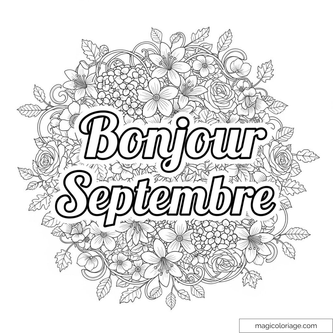Dessin floral Bonjour Septembre avec fleurs
