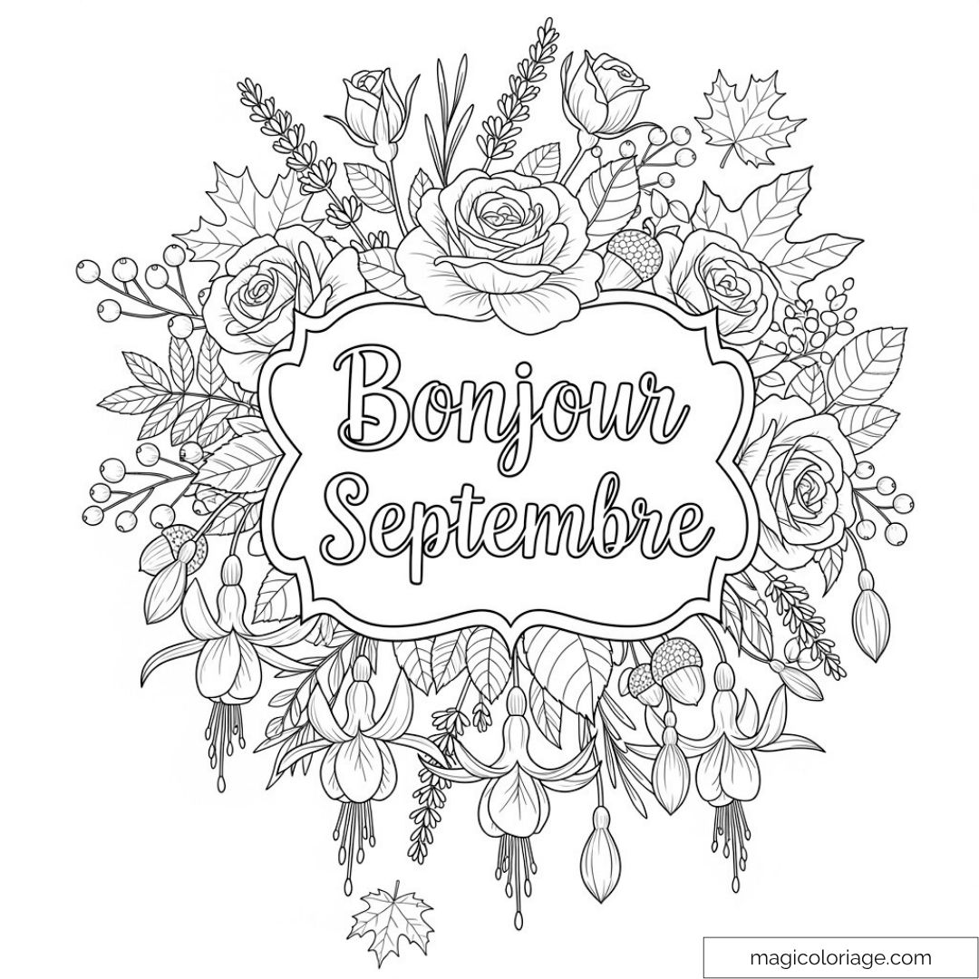 Coloriage de fleurs et feuilles d'automne "Bonjour Septembre"
