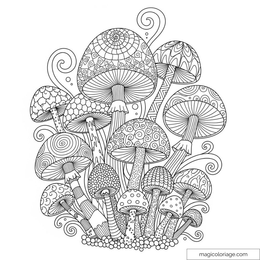 Dessin de champignons avec motifs complexes et détails décoratifs.