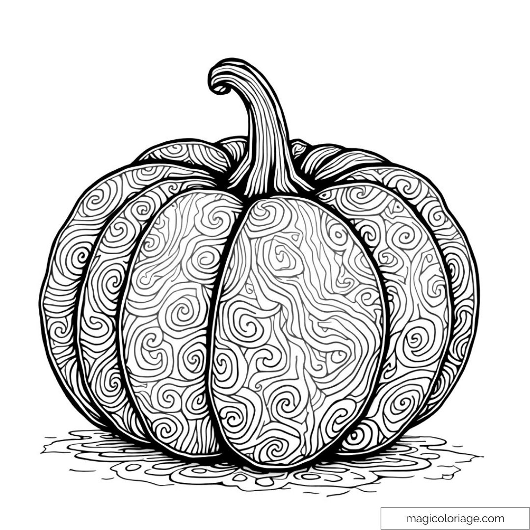 Dessin de citrouille complexe avec motifs intriqués pour coloriage.