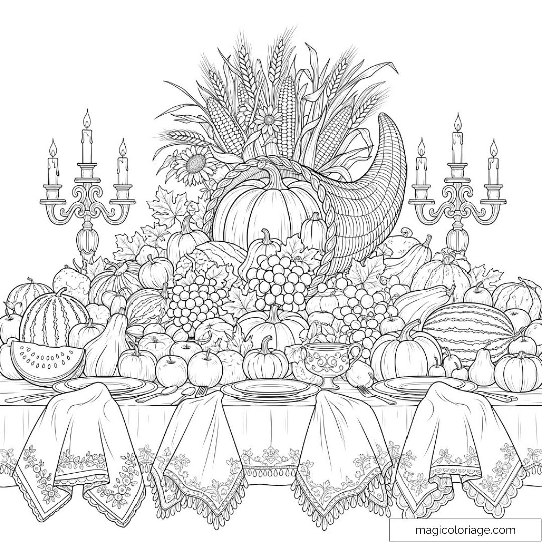 Coloriage corne d'abondance automne fruits et légumes