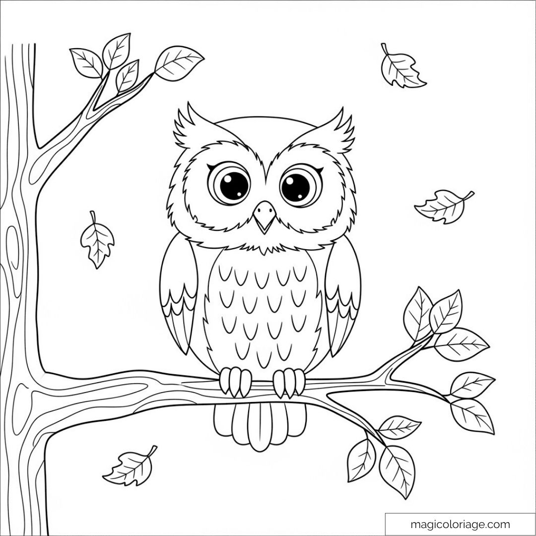 Coloriage chouette sur branche
