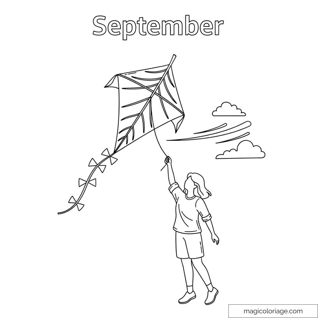 Fille faisant voler un cerf-volant avec des nuages en arrière-plan.