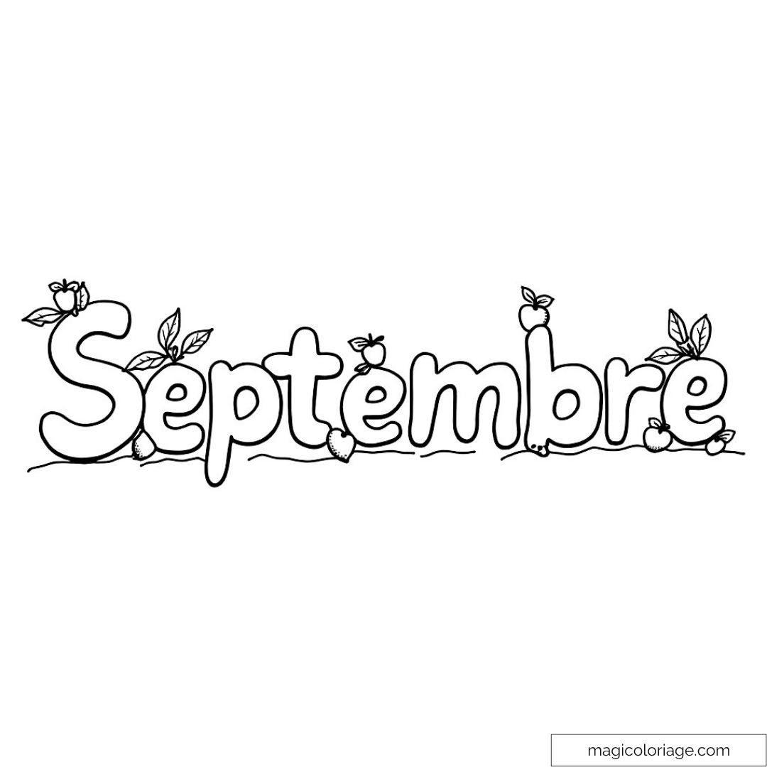 Mot "Septembre" décoré de pommes et de feuilles.