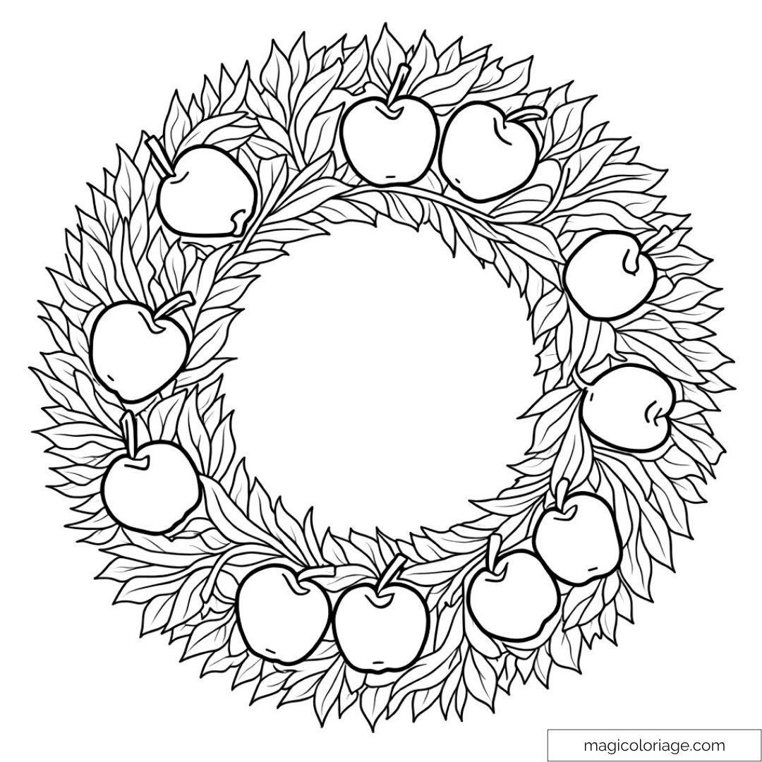 Mandala pommes et feuilles à colorier pour détente créative.