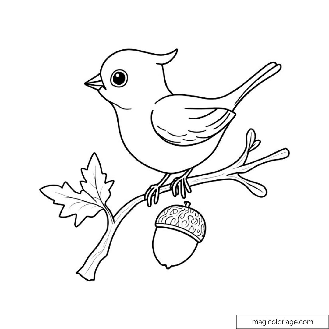 Image d'un oiseau sur une branche avec un gland à colorier.