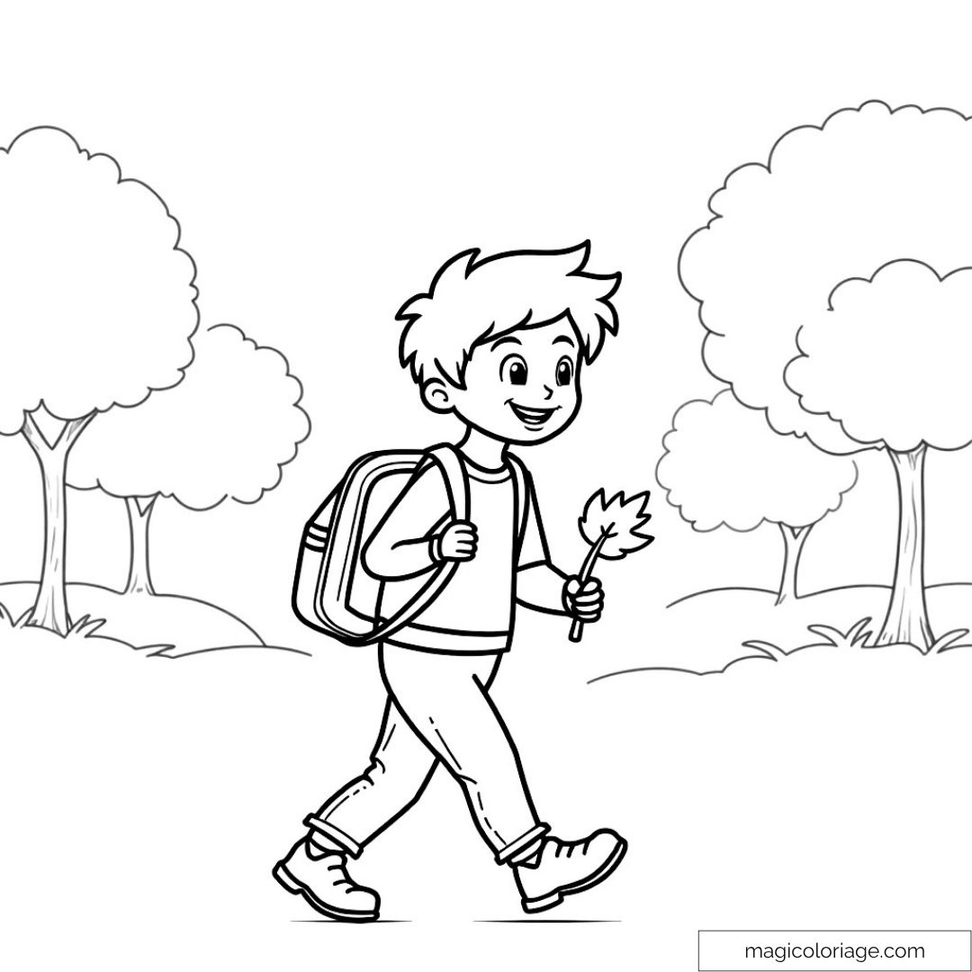 Enfant souriant marchant avec feuille