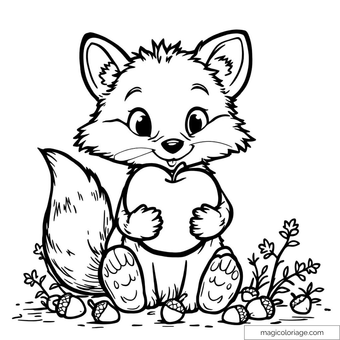 Coloriage de renard mignon avec pomme