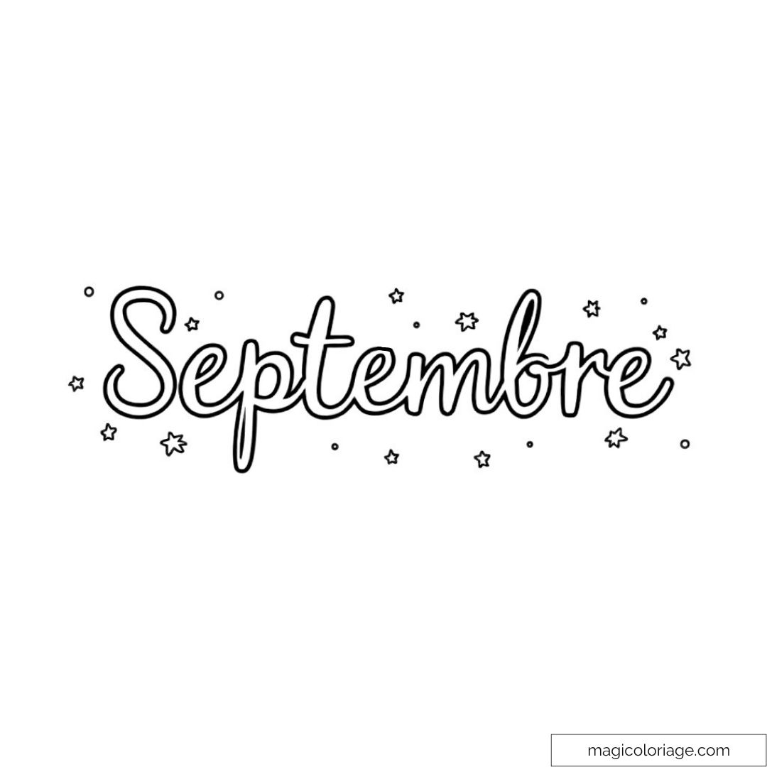 Dessin à colorier du mot septembre entouré d'étoiles pour activité créative.