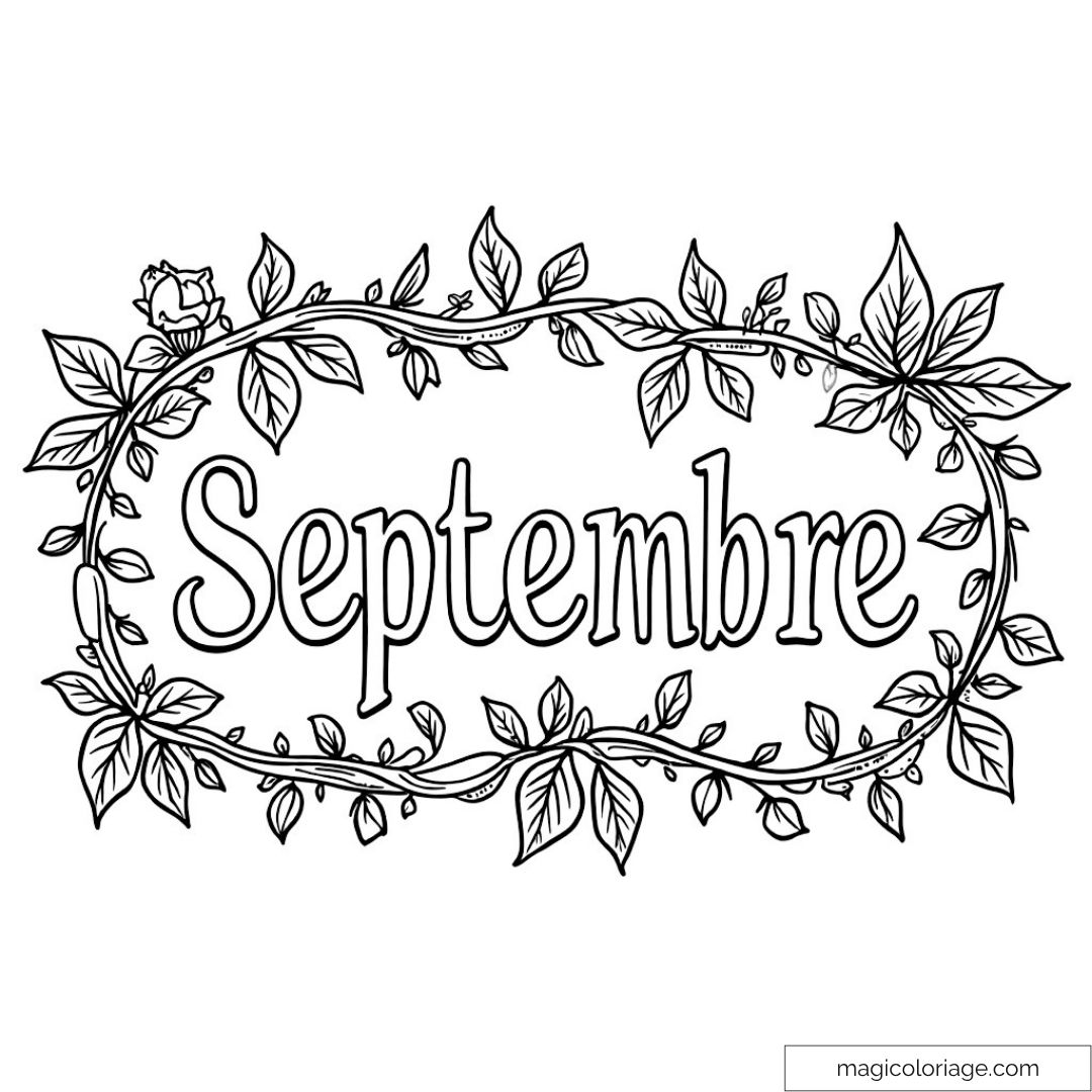 Illustration de septembre entourée de feuilles et fleurs.