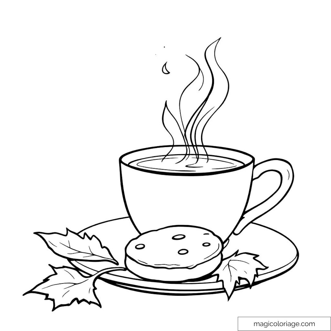 Dessin de tasse de café et biscuit sur assiette avec feuilles d'automne.