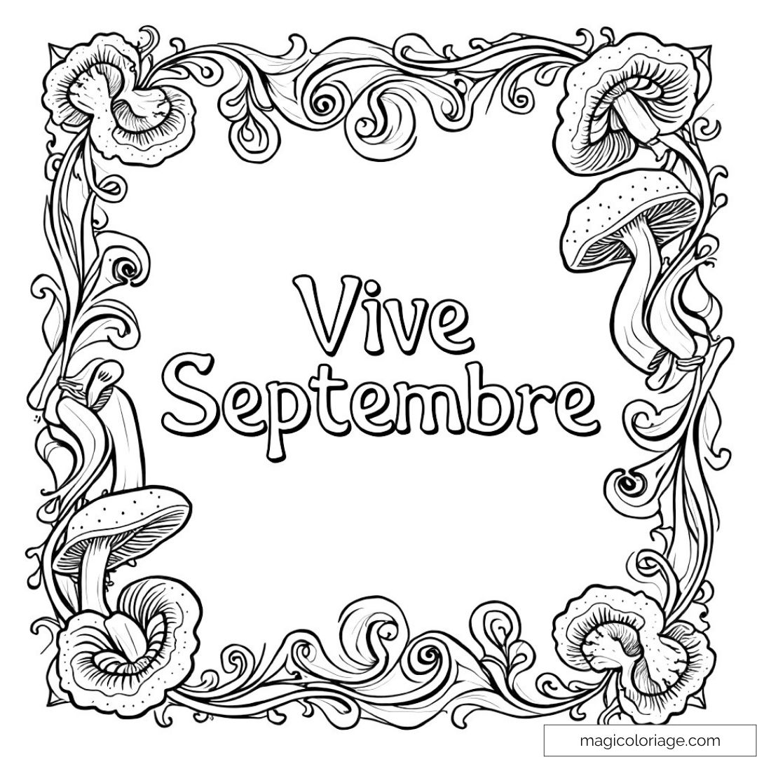 Dessin de septembre avec inscription et champignons décorant le contour