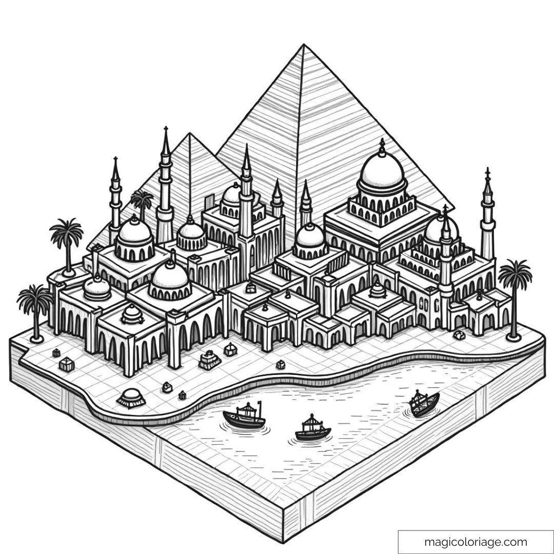 Illustration d'une ville orientale avec minarets et pyramides en arrière-plan.