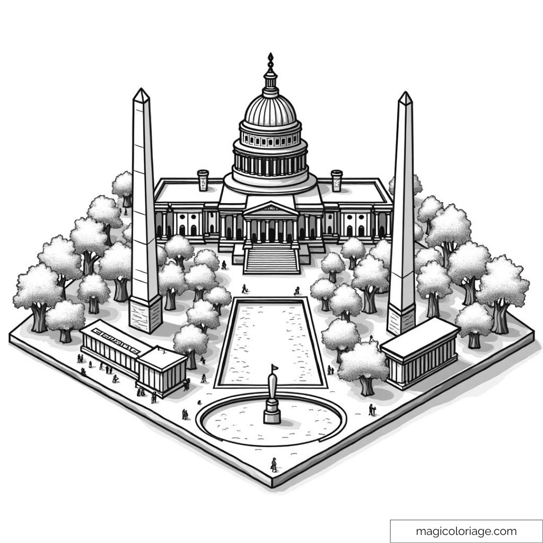 Coloriage de l'architecture du Capitole avec ses obélisques et ses jardins entourés d'arbres.