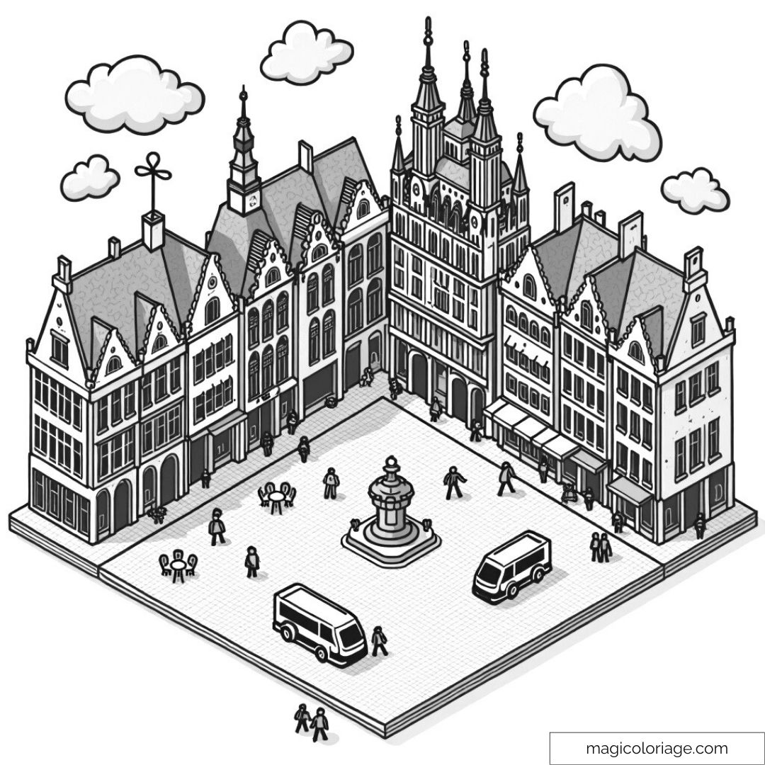 Illustration en noir et blanc de bâtiments historiques autour d'une place avec fontaine