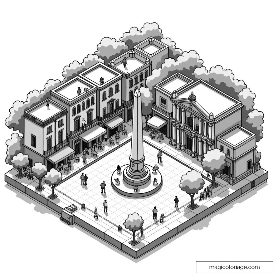 Coloriage isométrique d'une place avec des bâtiments et un obélisque.