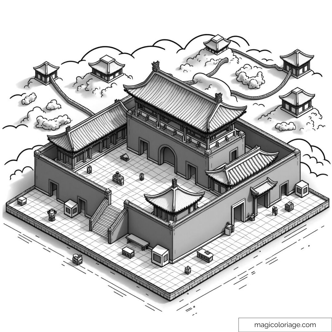 Coloriage palais asiatique en perspective avec toits traditionnels.