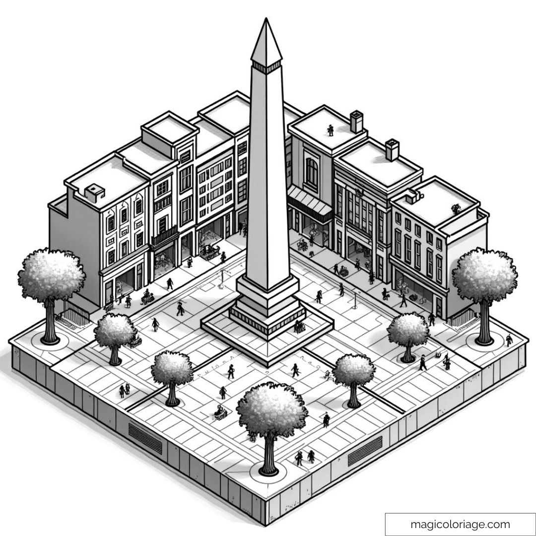 Coloriage de place urbaine avec obélisque et bâtiments