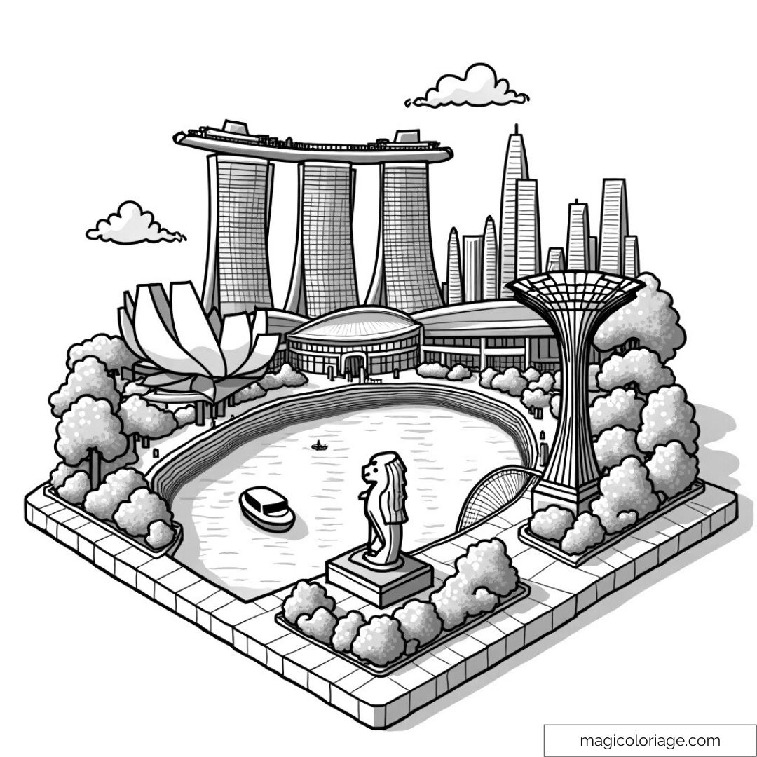 Coloriage de Singapour avec Merlion et Marina Bay