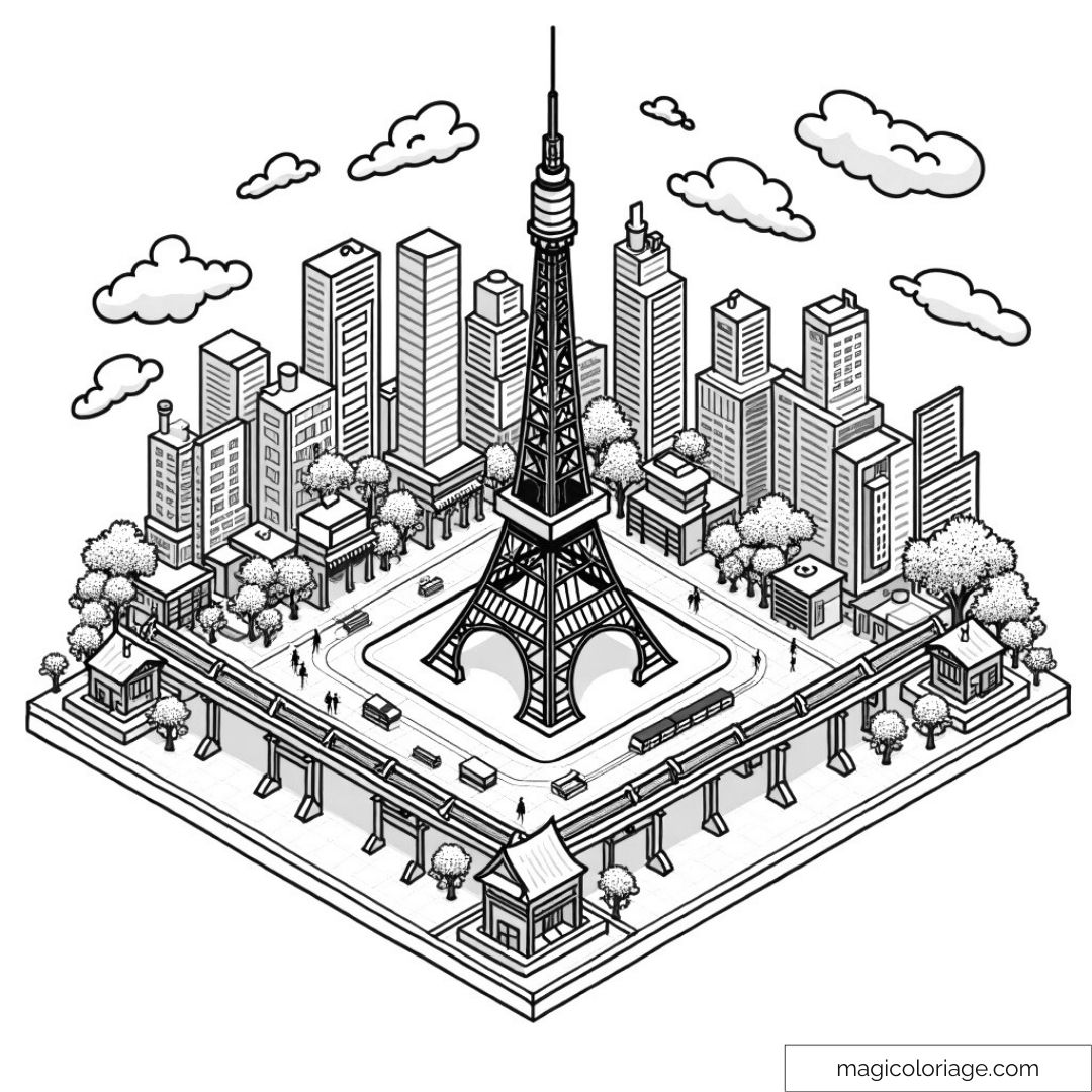 Coloriage détaillé de la Tour Eiffel et paysage urbain parisien.