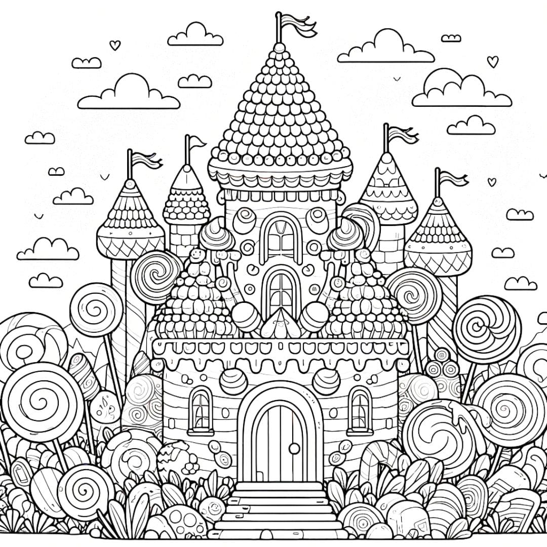 Dessin à colorier d'un château féerique avec un elfe souriant tenant une fleur devant l'entrée.