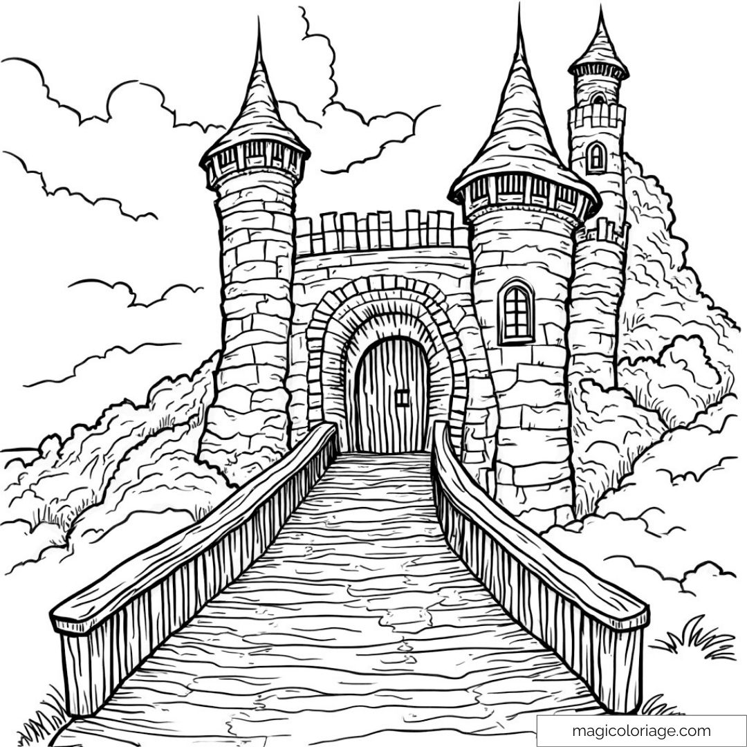 Dessin de château médiéval à colorier avec pont et tours