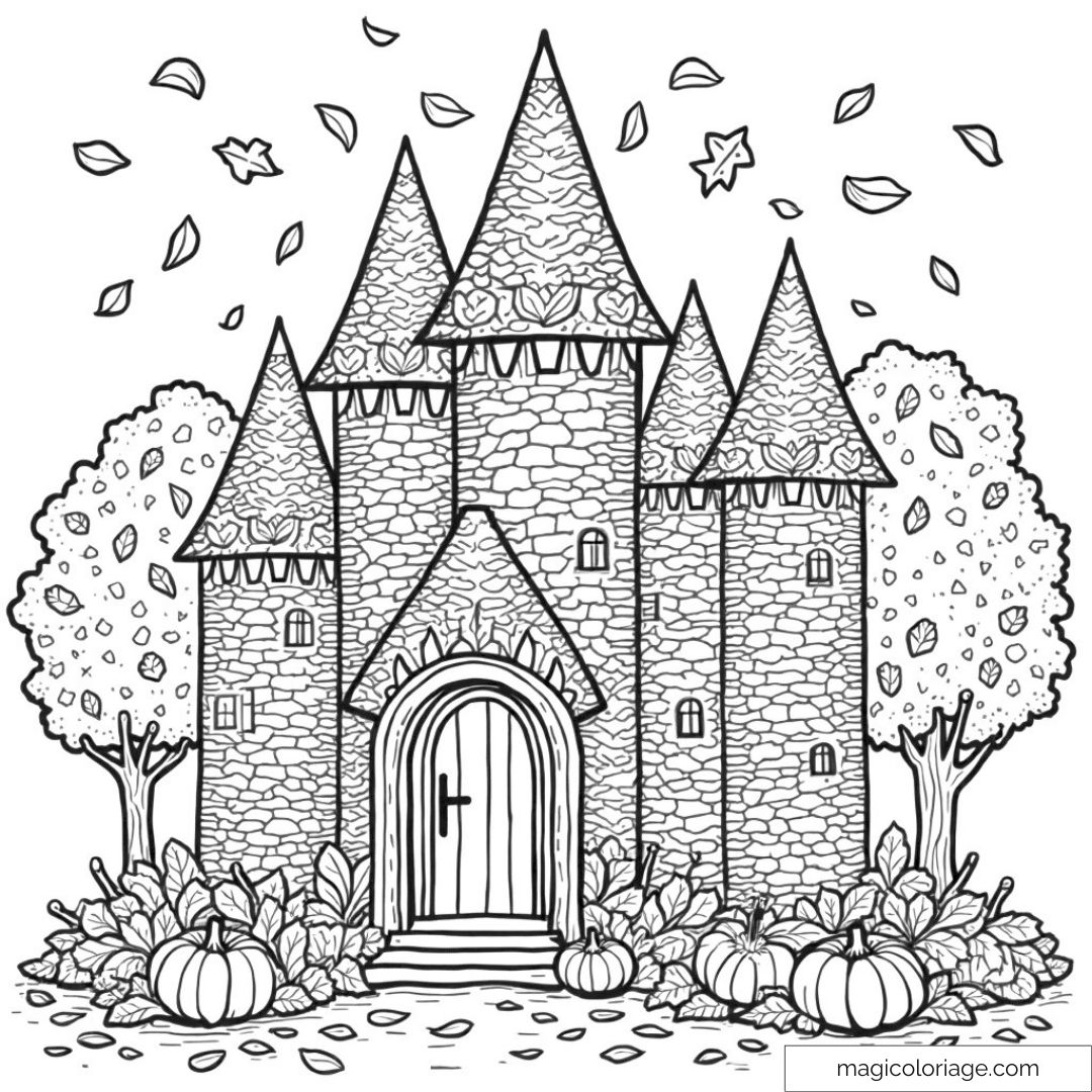 Château féerique à colorier avec feuilles d'automne et citrouilles