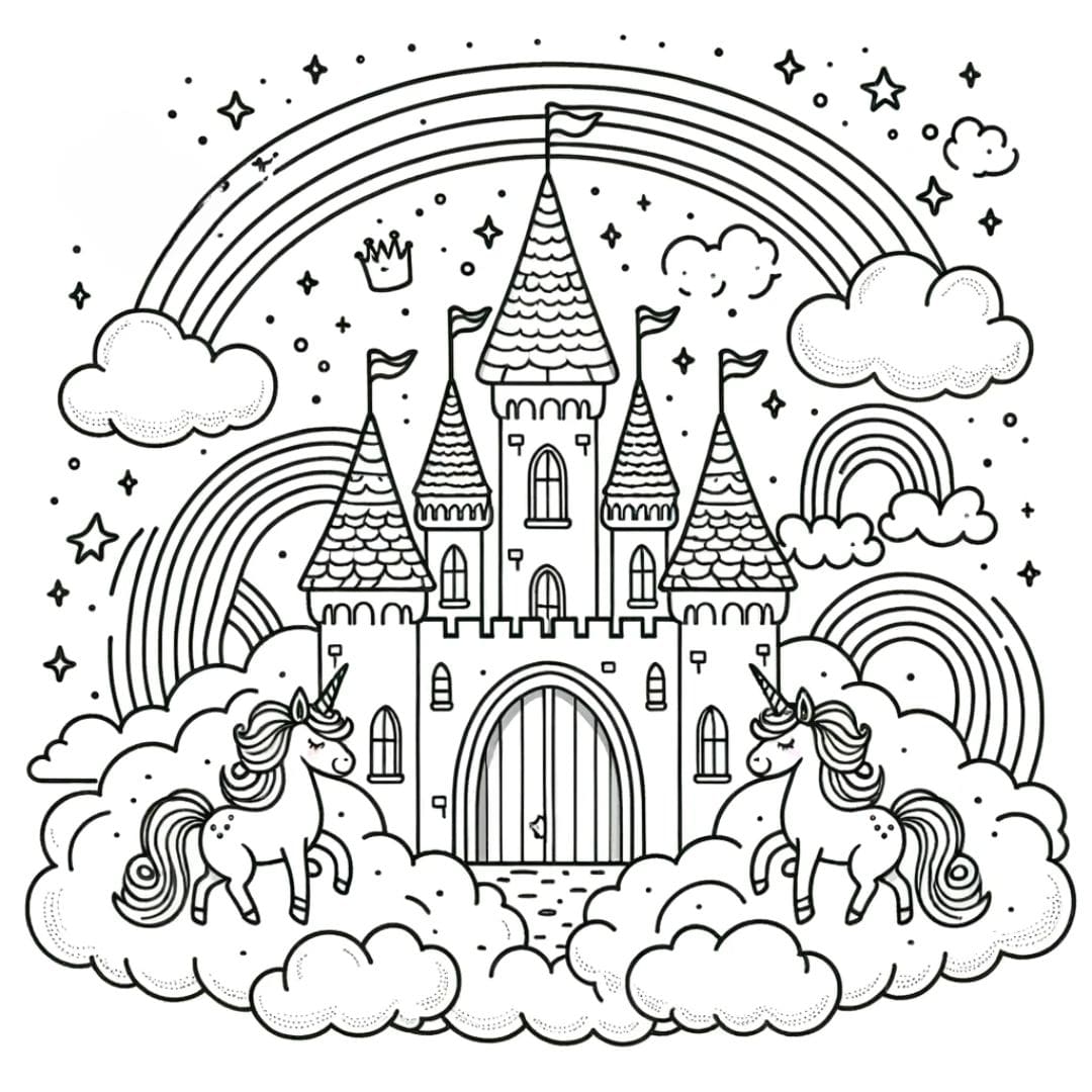 Coloriage château dans les nuages avec arcs-en-ciel et licornes