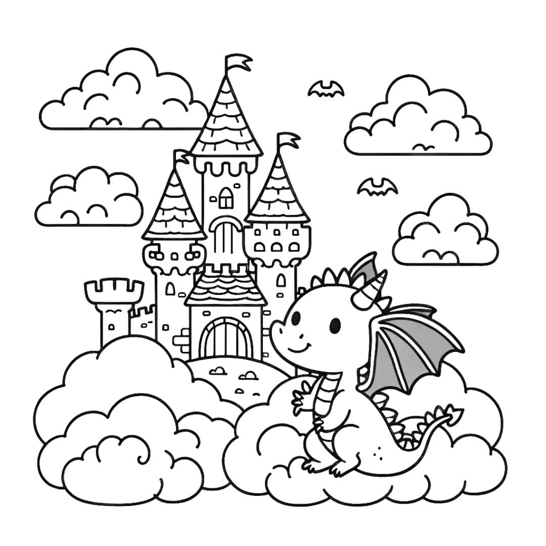 Coloriage château dans les nuages avec dragon mignon