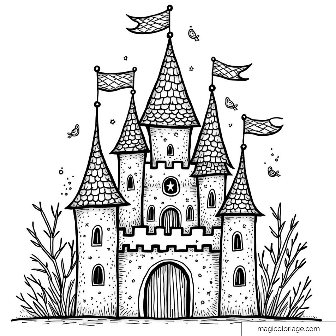 Dessin d'un château de conte de fées avec drapeaux et oiseaux à colorier.