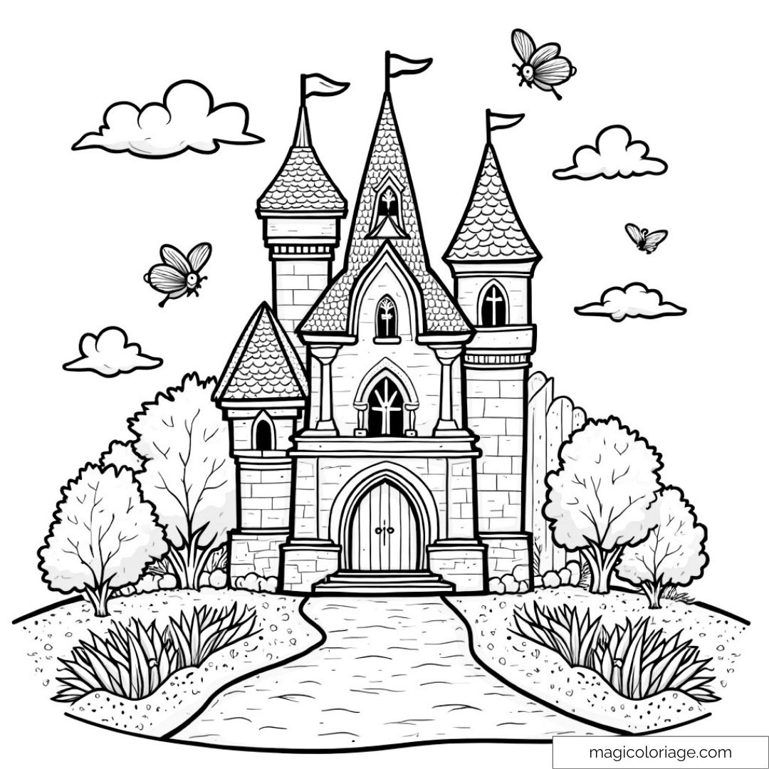Image de château féerique avec papillons et arbres